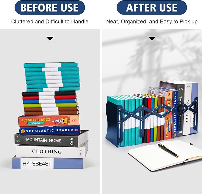 Adjustable Bookends, Heavy Duty Metal Book Ends for Book, 2 Dividers, Nonslip Book Stander for Desk, Shelf, Office, Stationery Gift, Extends up to 19 inches (Blue)