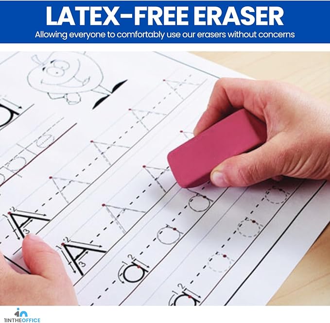 1InTheOffice Pink Erasers, Bevel Erasers, Erasers for Pencils, Large Size, Latex Free, 9 Pack