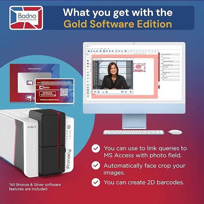 Bodno Evolis Primacy 2 Single Sided ID Card Printer & Complete Supplies Package Gold Edition ID Software