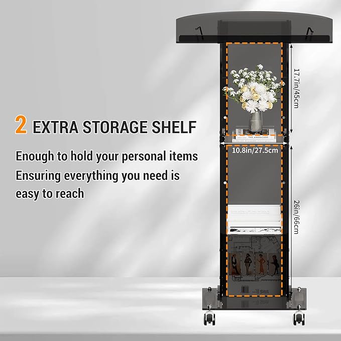 Acrylic Podium Stand，49“ Tall Portable Podium with Lockable Wheels, Black lecterns & Podium with Storage Shelf for Classroom, Pulpit Podium for Church,Wedding,Presentation