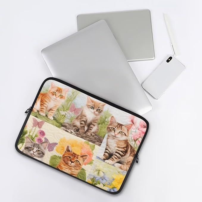 Cat Floral Printed Computer Case Bag for Girls Boys, Washable 13 Inch Laptop Bag Carrying Case Cute Laptop Briefcase Neoprene with Zipper, Compatible with Various Computers