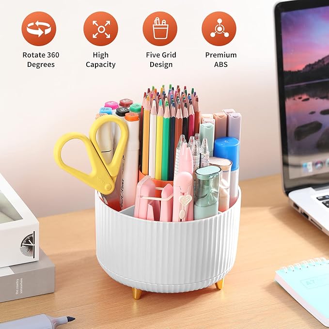 Desk Pen Holder, 5-Slot 360 Rotating Pencil & Pen Organizer - Desktop Storage Stationery Supplies Organizer, Cute Pencil Cup Pot for Office, School, Home, Art Supply, White