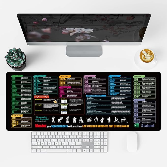 Excel Cheat Sheet Desk Pad, Updated Shortcuts & Gaming Desk Mat (31.5"x11.8") | Non-Slip, Spill-Proof, Black Fabric & Rubber Mat | Employee Appreciation Gift