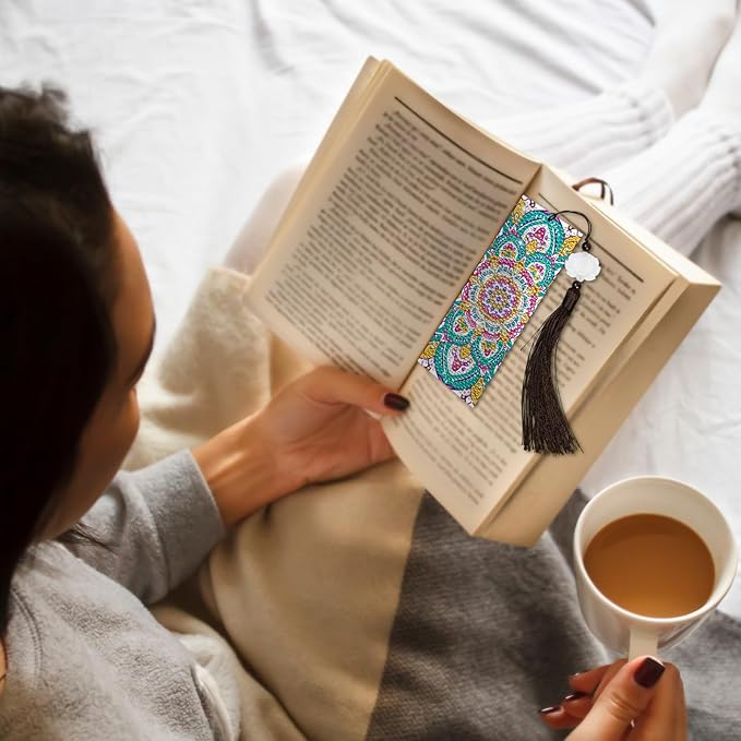Anseal 3 Pcs 5D Diamond Bookmarks Painting for Book Lovers, Mandala PU Leather Diamond Dotz Art Bookmark for Adults, Tassel Beaded Book Mark for Graduation Birthday Reading Present