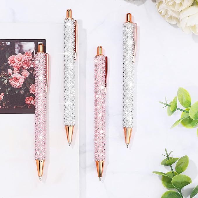Ireer 4 Pcs Bling Rhinestone Sparkly Pens for Women Diamond Ink Crystal Glitter Metal Ballpoint Bedazzled Fancy Pens 4 Pcs 1.0mm Refills(Pink, White)