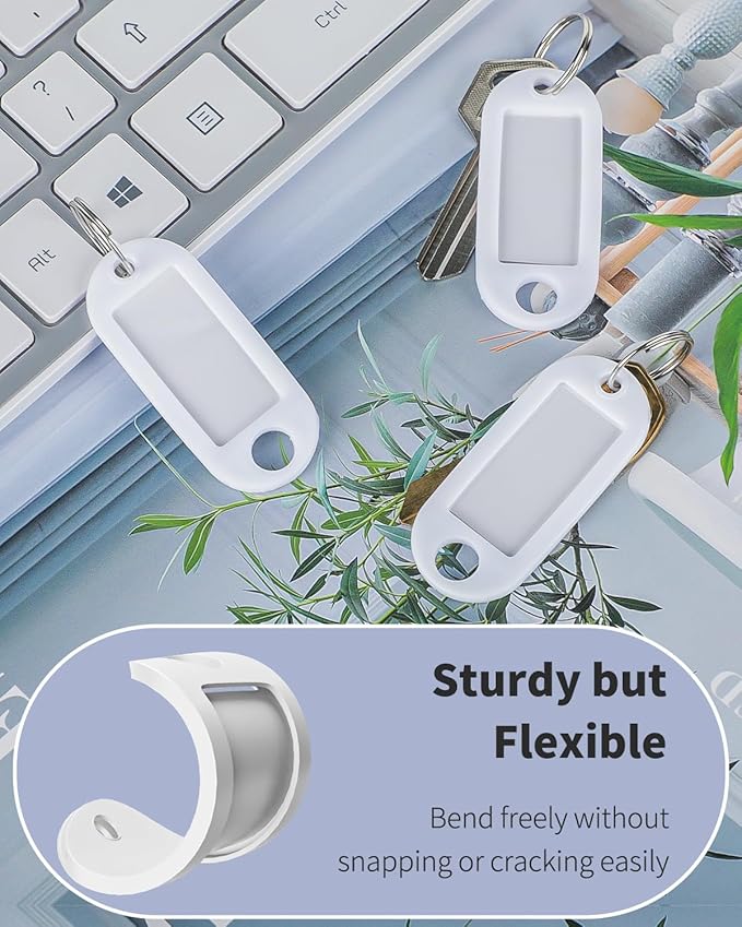 Uniclife 10 Pieces Key Tags 2 Inch Soft Plastic Key Chain Tags with Blank Paper Labels Clear Windows Protective Films and Split Rings Flexible Item Identifiers, White