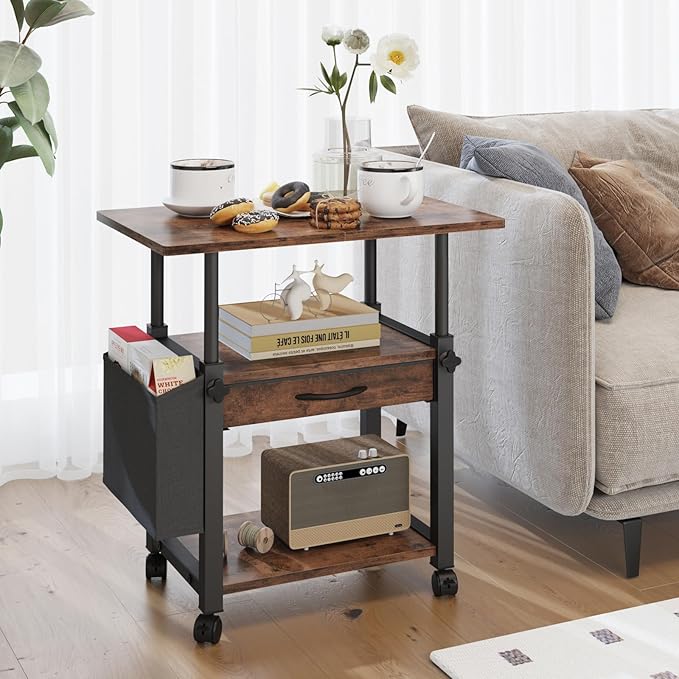 22"x15" Large Printer Stand with Storage Drawer and Side Bag, 3-Tier Height Adjustbale Printer Table for Home Office,Printer Cart fit Heat Press/Laser printer/3D Printer(Rustic Brown)