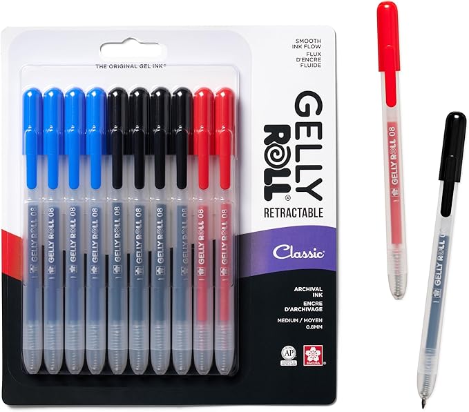 SAKURA Gelly Roll Retractable Gel Pens Colored - Classic Color Set - Medium Point Ink Pen for Journaling, Art, or Drawing - Colored Gel Pens with Black, Blue & Red Ink - 10 Pack