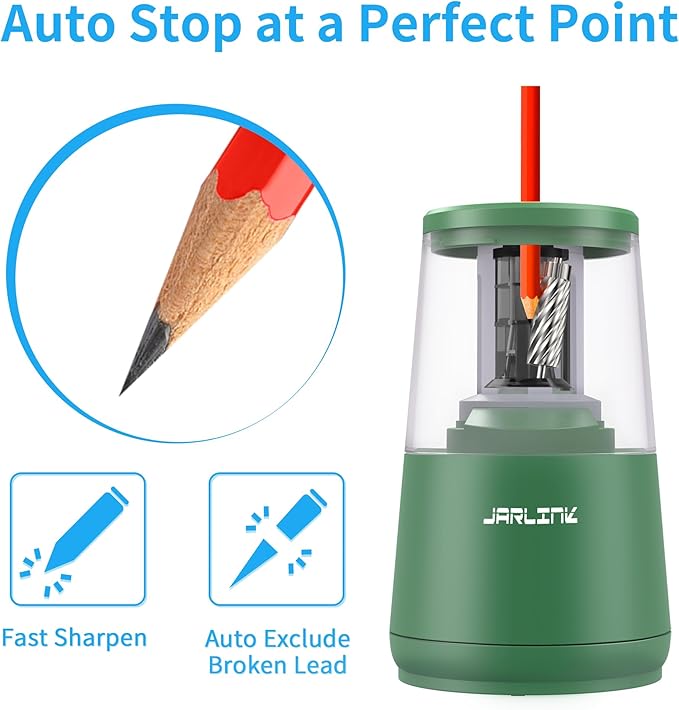JARLINK Electric Pencil Sharpener, Heavy-Duty Helical Blade to Fast Sharpen, Auto Stop for No.2/Colored Pencils(6-8mm), USB/Battery Operated in School Classroom/Office/Home (Green)