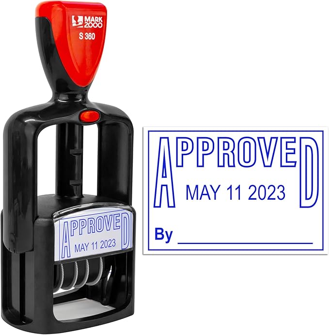 Self-Inking Rubber Date Office Stamp with Approved Phrase - Blue Ink - 12-Year Band
