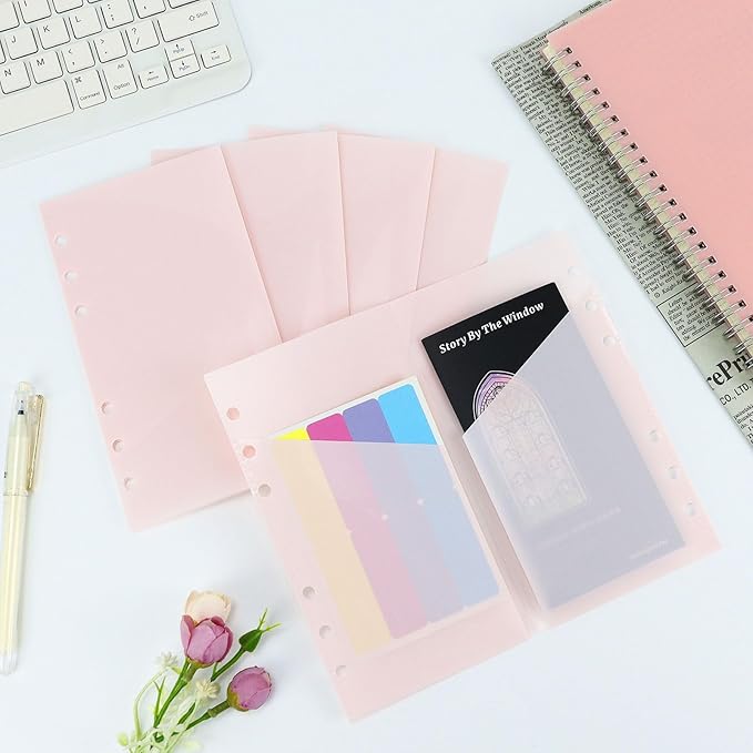 A6 Binder Pockets with No Zipper, Koqye Blue 10 Pcs Plastic Zipless Budget Envelopes, Two Pockets Frosted Cash Envelopes Money Bag for Budgeting, Cash Stuffing (Light Pink - 1 Set)