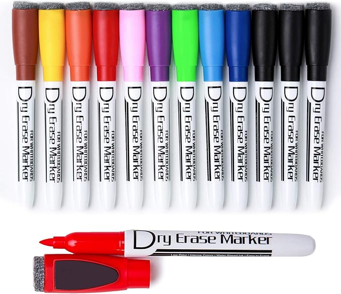 Volcanics Magnetic Dry Wipe Pens Dry Erase Markers With Eraser Cap Low Odor Fine Tip Whiteboard Pens Pack of 12,10 Colors