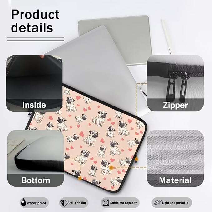 Pug Dog Printed Computer Bags for Laptops for Women, Heart Pattern Computer Carrying Cover Laptop Briefcase, 10 Inch Water Resistant Laptop Case Portable Computer Case Bag