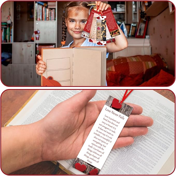 60 Pcs Love Never Fails Bookmark Valentine's Day Bookmarks Red Heart Valentines Day Exchange Gifts for Valentine's Party Favors