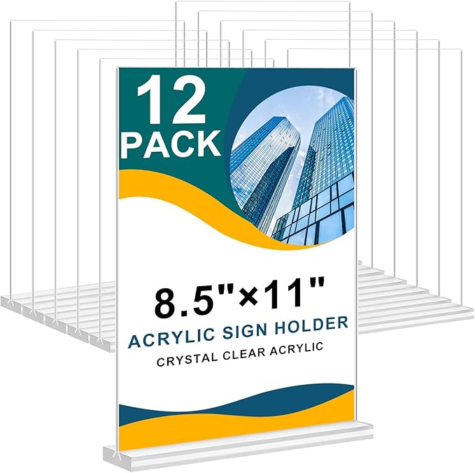 Arrobust Acrylic Sign Holder 8.5 x 11 Inches, 12 Pack Clear Display Table Top Signs Stand, Double Sided Vertical Flyer Holder,Plastic Frames Paper Holder for Stores Home Office Menu Retail Show Fair