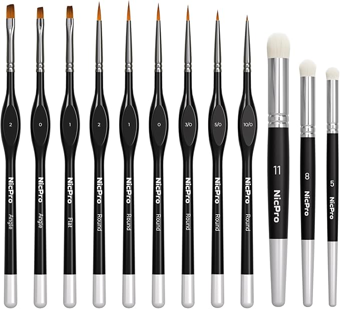 Nicpro Miniature Paint Brushes Dry Brush - 12PCS Model Paint Brush Set for Acrylic Watercolor, Detail Paint Brushes & Drybrush Set for Miniature Painting, 40k Model, Citadel, Wargames, Paint by Number