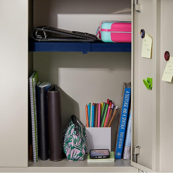 LockerMate Adjust-A-Shelf Locker Shelf, Extends to Fit Your Locker, Easy to Use, Perfect for School, Office, Gym, Blue