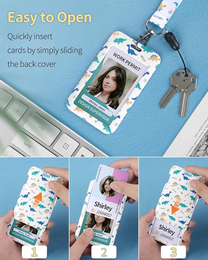 Uniclife Fashionable Sliding Badge Holder Cartoon Dinosaur Plastic Case with Retractable Badge Reel Carabiner Clip & Detachable Lanyard Strap Vertical Card Protector for Women Nurse Teacher Student