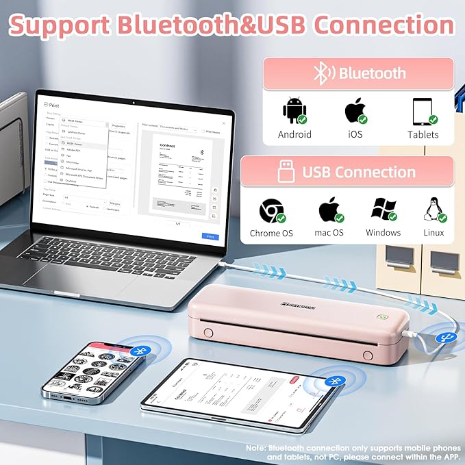 Phomemo M834 (Upgraded) Portable Printer, Wireless Bluetooth Thermal Printer, Support Multi-Size Thermal Paper, Compatible with iOS, Android & PC, Mobile Printer for Travel, Office, School, Pink