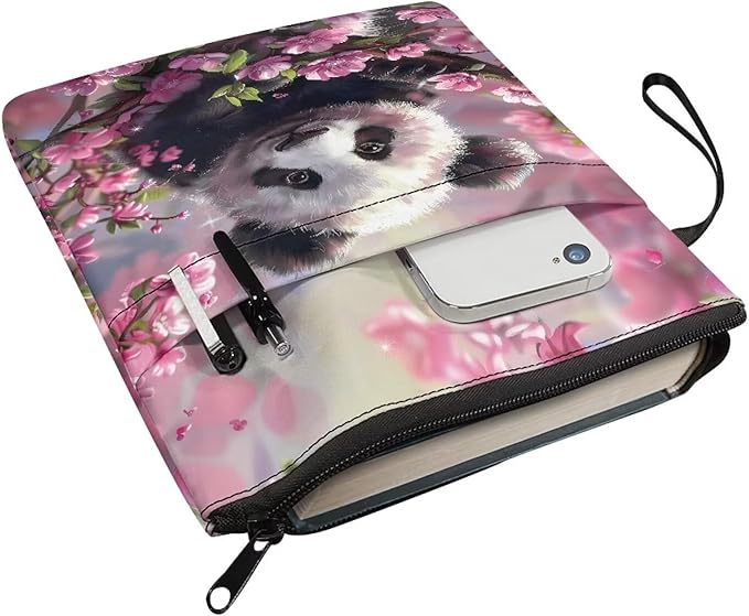 COEQINE 9"x11" Book Covers for Hardcover Cute Panda Animal Book Sleeves with Zipper Book Cover for Book Lovers Book Pouch Book Protctor Pouch Book Covers for Hardcover Washable Pink Cherry Blossom