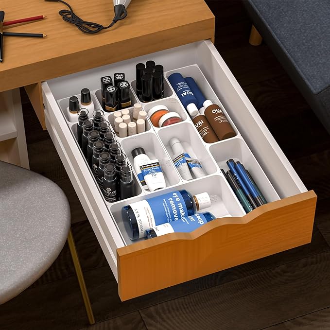 25 pc Plastic Drawer Organizer Set,4 Size Small Storage Containers for Organizing Jewelry,Utensil,Junk,Tea,Makeup,Shallow Drawer Organizers Tray Suitable for Office,Desk,Bathroom,Vanity,Kitchen,White