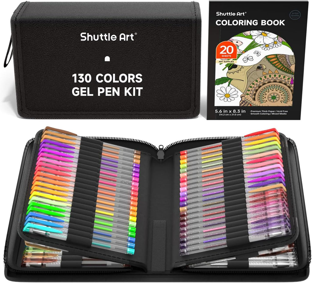 Shuttle Art Gel Pens, 130 Colors Gel Pen with 1 Coloring Book in Travel Case for Adults Coloring Books Drawing Crafts Scrapbooking Journaling