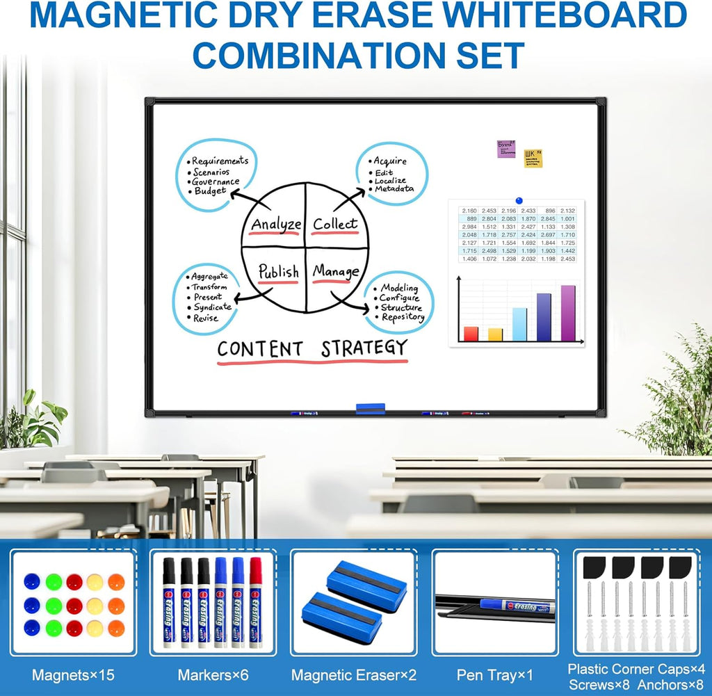 H-Qprobd Large Magnetic White Board Dry Erase Whiteboard with Black Aluminum Frame, 60"X40" Hanging White Boards for Wall with Long Pen Tray, Presentation Board for Office Classroom Home