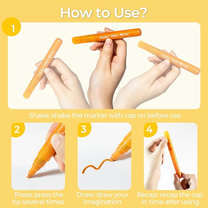 Ohuhu Glitter Markers Pen 18 Glitter Colors Metallic Shimmer Marker Round Point Tip Water-based Ink for Kids Adults DIY Crafts Greeting Birthday Cards Making Poster Album Scrapbooking Mugs Wood