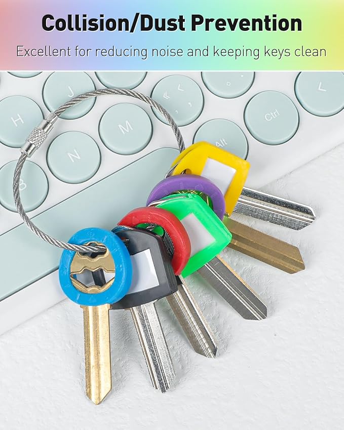 Uniclife 12 Pack Round Key Caps Covers and 12 Pack Key Cap Tags with Blank Paper Labels & Clear Windows Colorful Key Identifiers Protectors for Regular Flat House Keys (Not for Odd-Shaped Keys)