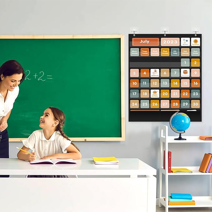 REGELETO Boho 46+3 Pockets Calendar Pocket Chart with 92 Cards for Classroom,Large Size: 28.75 x 24 inch Black Monthly Calendar and Weather Pocket Chart for Kids Learning for Home or Kindergarten