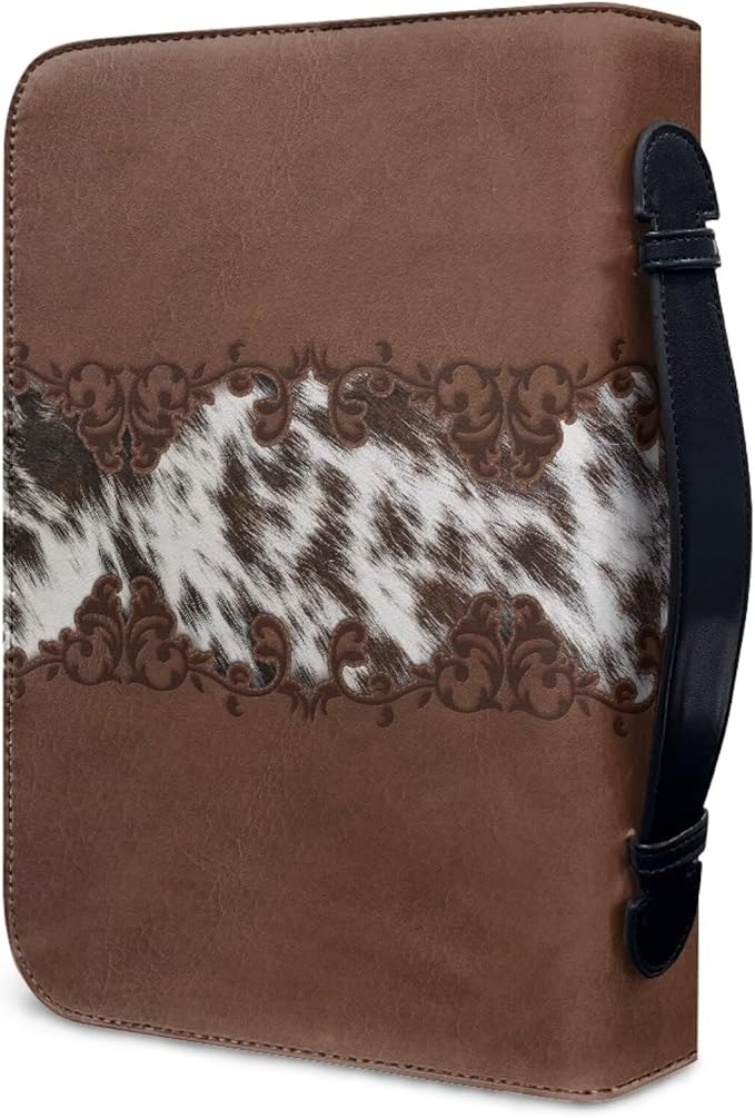 Vintage Cow Print Leather Bible Cover Bible Cover Cases for Church Studying Pouch Bible Tabs Carrier Pen Holder Multi Pocket Bible Bag