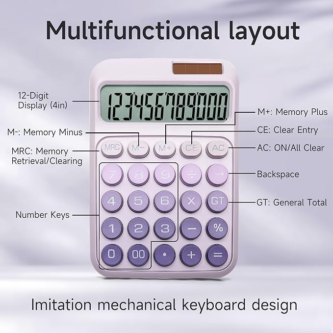 Desk Calculator,12 Digits, Large LCD Display,Big Buttons,Solar and Battery Dual Power Desktop Calculators,Cute and Aesthetic,Suitable for Office and Study (Ombre Purple, M)