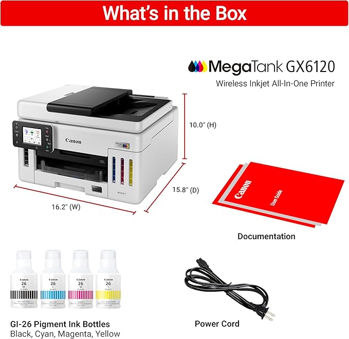 Canon Megatank GX6120 Wireless All-in-One Printer, Print, Scan and Copy, with 2.7" LCD Touch Screen and Auto Document Feeder, White