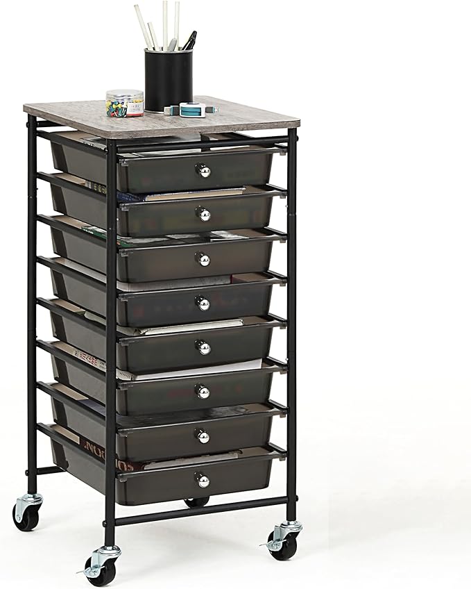 SunnyPoint Wooden Top Compact Rolling Storage 8 Drawers Organizer Mobile Utility Cart, Under Desk Storage Cart with Caster Wheels (Compact 8 Drawers, Black)