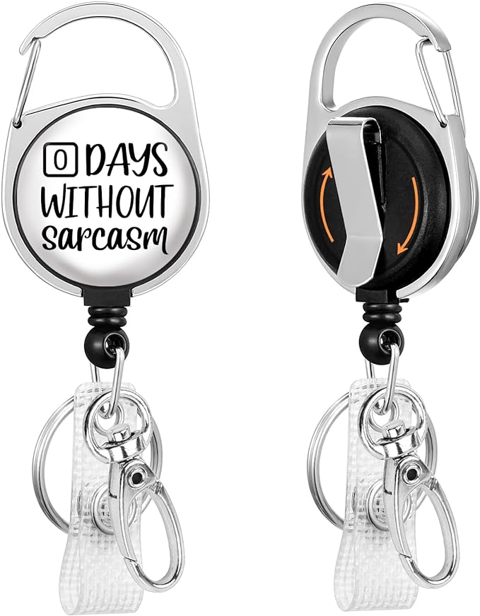 Gctriki Funny Badge Reel Heavy Duty with 360 Swivel Carabiner Clip, Cute ID Badge Holder, Nurse Teacher Retractable Keychain Name Badge Clip Zero Days Without Sarcasm