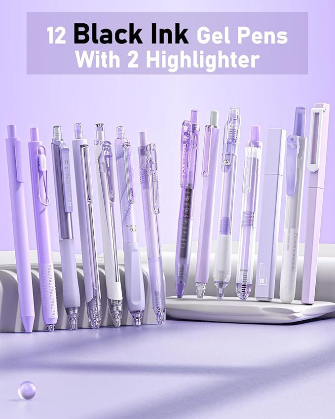 Four Candies 14Pack Pastel Gel Ink Pen Set,Cute Retractable 0.5mm Fine Point Pen,Note Taking Aesthetic Pens,12 Pack Black Ink Pens with 2Pcs Highlighter, Smooth Writing Pens for School, Office(Purple)