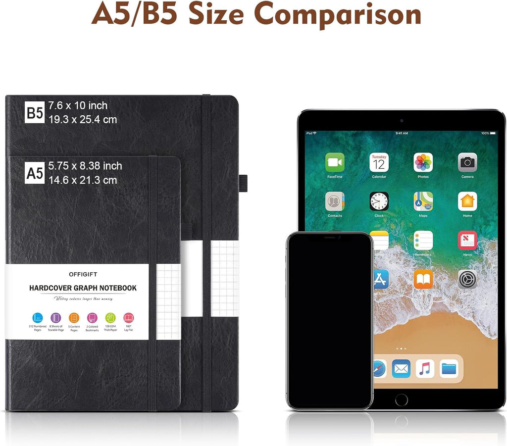 Graph Paper Notebook, 312 Numbered Pages Large A5 Hardcover Leather Journal, 100gsm No Bleed Grid Paper Notebook with Index Pages, Grid Notebook for Graphing Notes Math, 5.75" x 8.38", Brown