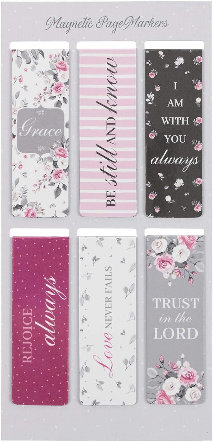 Christian Art Gifts Magnetic Scripture Bookmark Set for Women with Beloved Scripture Favorites -Inspirational Pink Roses Magnetic Bible Verse Pagemarker Set of 6 for Bibles and Books, Size 2.3” x 0.8”