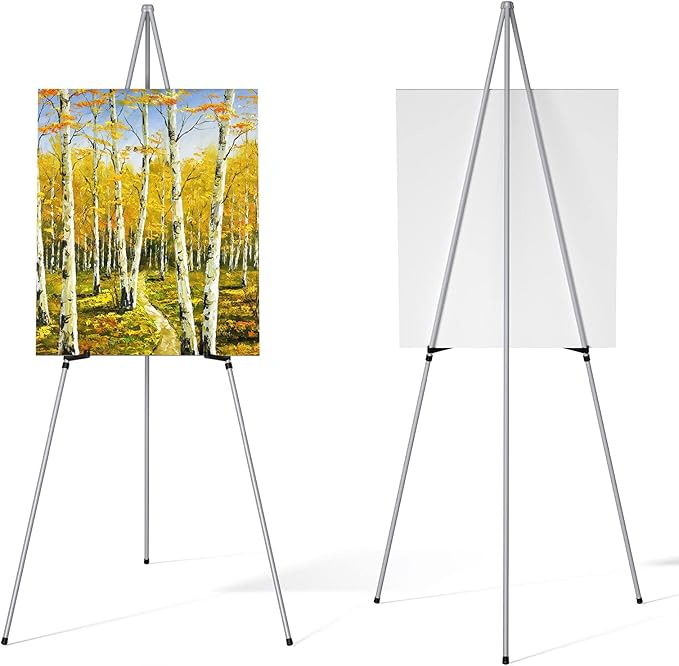 Display Artist Easel Stands - 63" Instant Tripod Collapsible Portable Floor Easels - Easy Folding Adjustable Art Poster Metal Stands for Display Show, Wedding, Painting - Silver 2pack