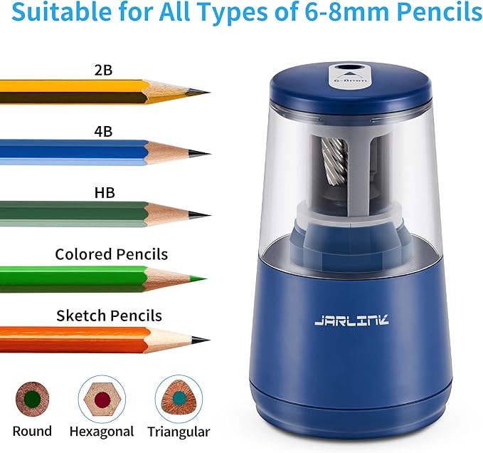 JARLINK Electric Pencil Sharpener, Heavy-Duty Helical Blade to Fast Sharpen, Auto Stop for No.2/Colored Pencils(6-8mm), USB/Battery Operated in School Classroom/Office/Home (Blue)