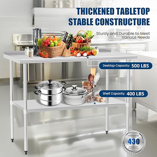 Stainless Steel Table 30 x 48 Inches Metal Prep Table with Backsplash & Adjustable Undershelf, Stainless Table for Commercial Kitchen, Outdoor, Restaurant, Hotel & Garage