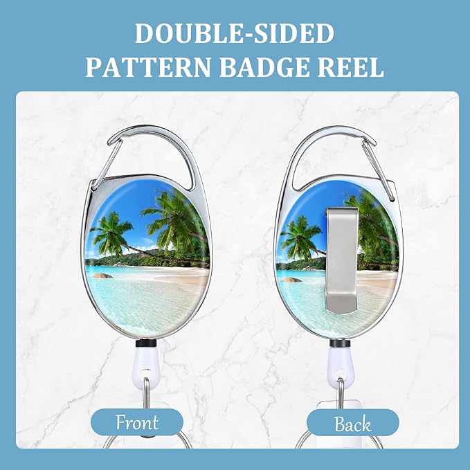 Coconut Tree Retractable Badge Holders - Double Sided Color Print Pattern, with Retractable Keychain, Badge Clip and Key Ring, Durable Nylon Rope