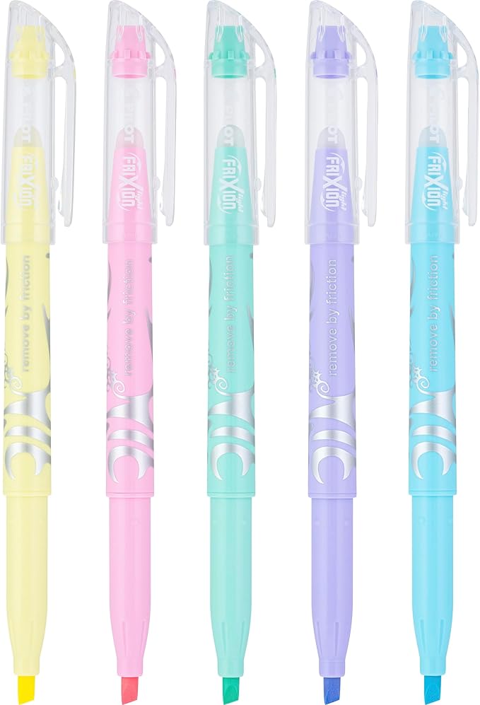 Pilot, FriXion Light Pastel Erasable Highlighters, Chisel Tip, Pack of 5, Pastel Blue, Pink, Yellow, Green & Purple