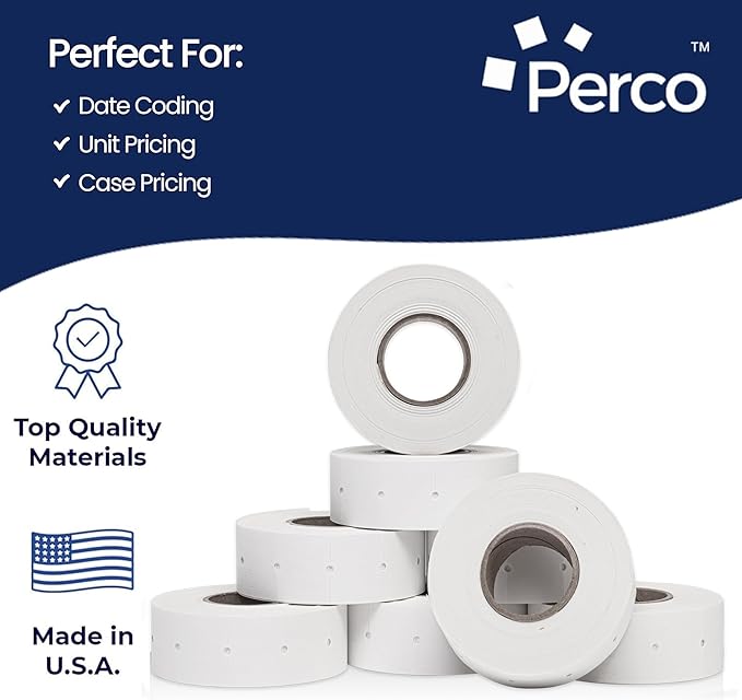 Perco 2 Line White Labels - 80 Rolls, 10 Sleeves, 80,000 Blank Price and Date Gun Labels for Perco 2 Line Price and Date Guns - Made in USA