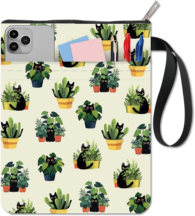 CRASPIRE Plant Book Sleeve Black Cat Book Protector Greenery Book Covers for Paperbacks Washable Fabric Cloth Book Cover with Zipper and Extra Sleeve Pocket for Book Lovers Classmate Gifts