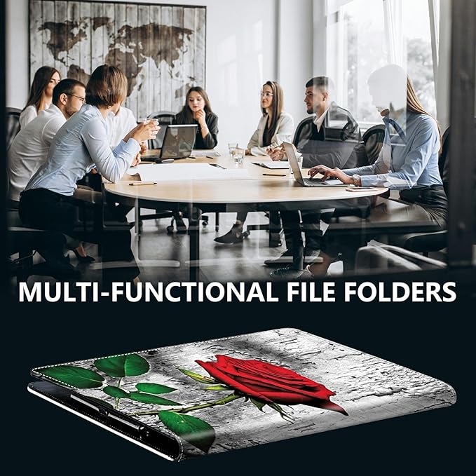 PU Leather Padfolio Clipboard Notepad with Pen Loop and Elastic Strap Interview/Resume Document Organizer for Business School Office,Elegant Red Rose