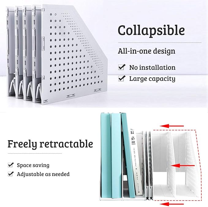SAYEEC Collapsible Magazine Holder Plastic Desktop 4 Compartment File Desk Magazine Organizer Vertical File Divider Sorter Storage Document Organizer for Office Home School Gray