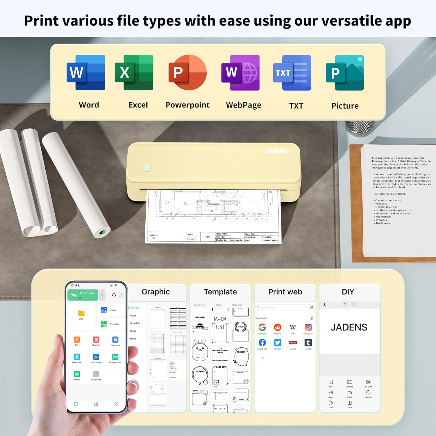 JADENS Portable Printers Wireless for Travel, Thermal Inkless Printer, Support 8.5" X 11" Thermal Paper(Yellow)