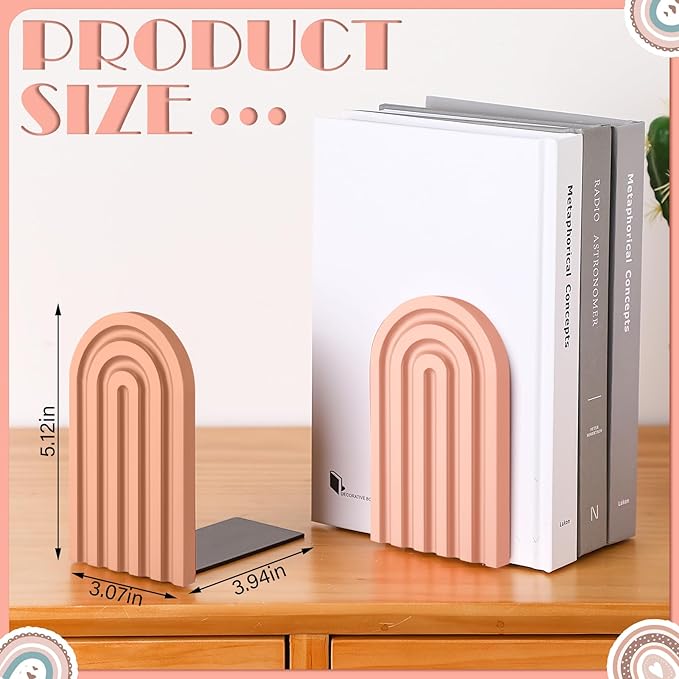 Harloon 4 Pieces Boho Arch Wood Bookends Rainbow Arch Back to School Gift Ideas Non Skid Bookend Decorative Wooden Book Stand Book Stoppers for Books Movies CDs(Bright Color)