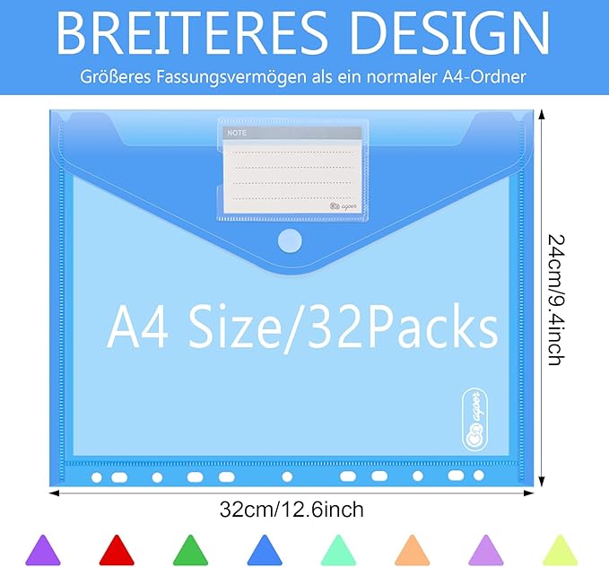 A4 Binder Pockets,32 Pack File Envelopes for 2/3/4 Ring Binder,8 Colors Binder Folders with Hook and Loop Closure and Label,Plastic Envelopes Binder Folders with 11 Holes for School Office Home